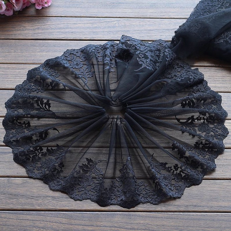 2.9 Yards Lace Trim Black Floral Embroidered Tulle Lace 8.26 Inches Wide High Quality