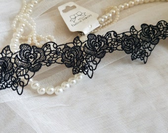 2 Yards Exquisite Black Venice Lace Trim Scalloped Rose Embroidery Necklace Supplies 1.57 Inches Wide