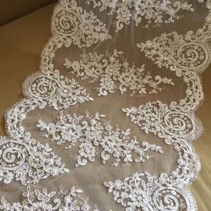 White Alencon Lace Fabric Floral Peal Beaded Sequined Wedding Lace Fabric Dress Coat Fabric 14.96 Inches Wide 1 Yard