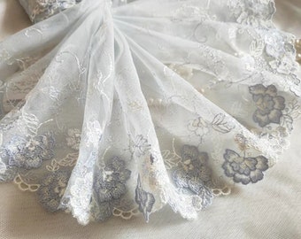 2 Yards Lace Trim Roses Embroidered Light Blue Tulle Lace 7 Inches Wide High Quality