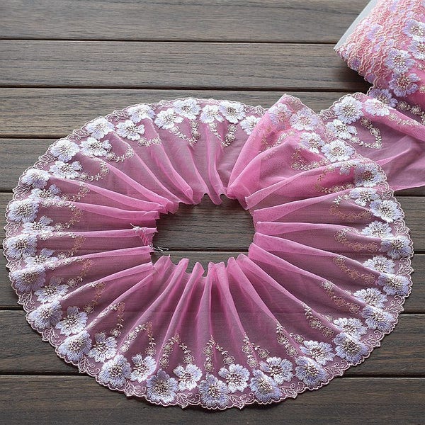 Kant Trim prachtige witte bloem roze Tule geborduurd kant 6.29" breed 2yds