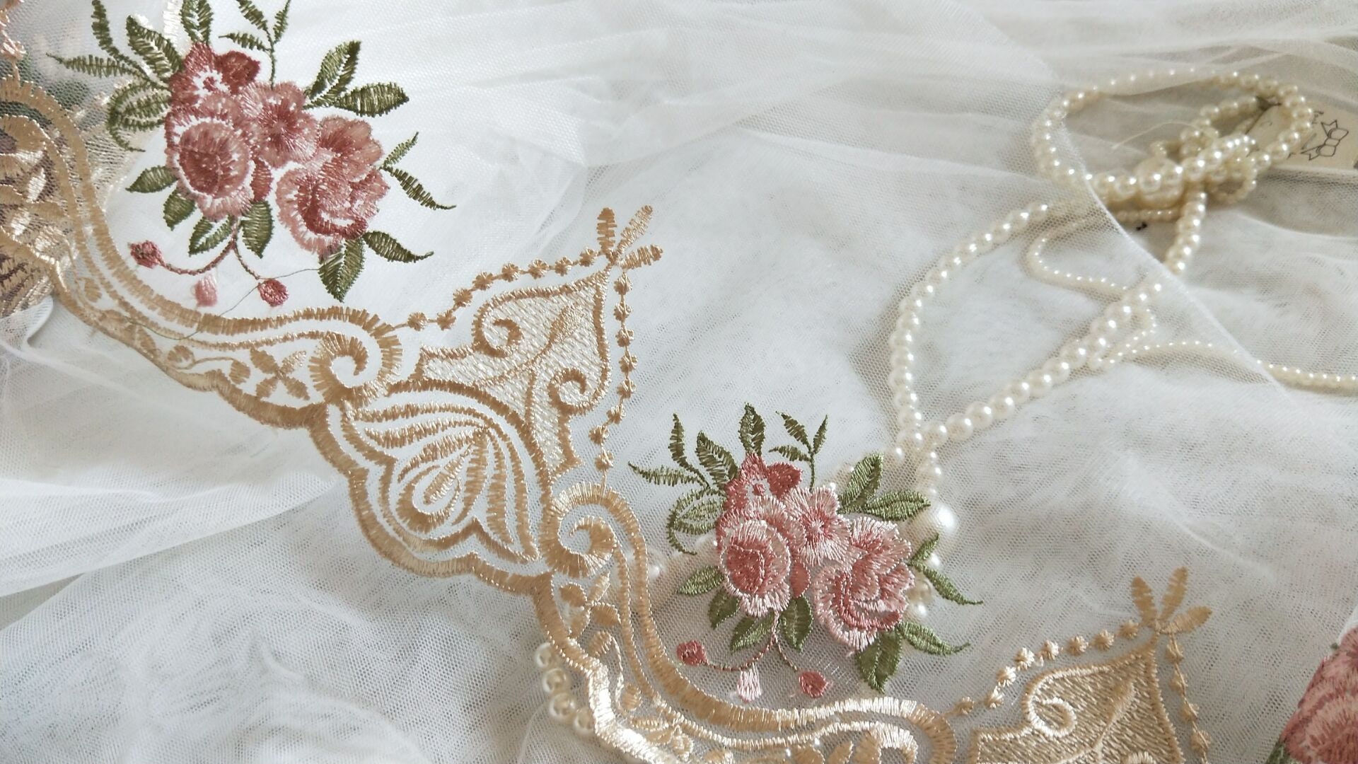 Gorgeous Gold Tulle Lace Trim Pale Pink Roses Embroidered 