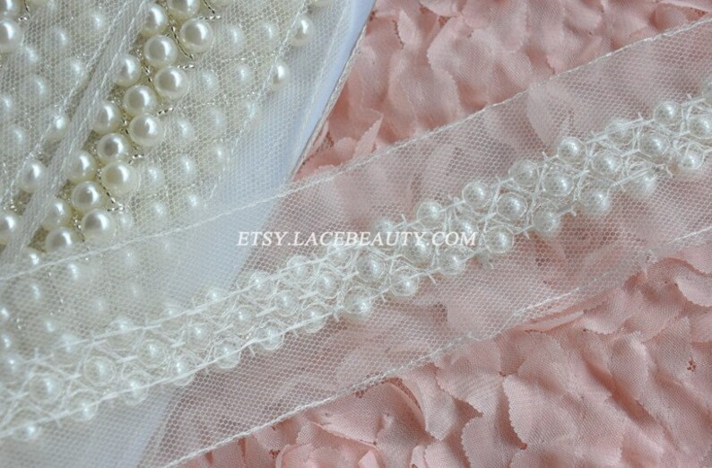 Ivory Beaded Lace Trim Pearl Rhinestone Beaded Trim 1 Yard For Etsy