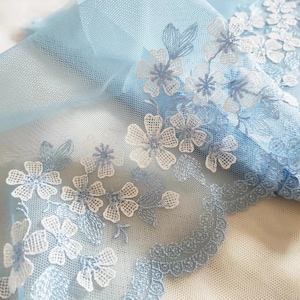 2 Yards Lace Trim Blue 3D Flowers Floral Embroidered Tulle Lace 7 Inches Wide