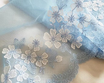 2 Yards Lace Trim Blue 3D Flowers Floral Embroidered Tulle Lace 7 Inches Wide