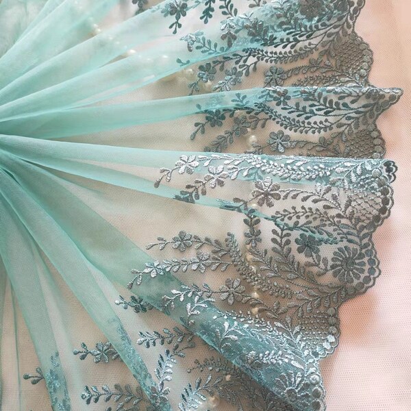 2 Yards Lace Trim Green Floral Embroidered Tulle Lace 9.8 Inches Wide High Quality