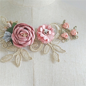 Luxury Gold Lace Applique With Lovely 3D Roses Flowers Patch 1 pcs