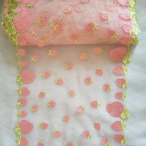 Double Edged Lovely Lace Trim Peachy Pink Floral Strawberry Embroidered White Tulle Lace 9 Inches Wide By The Yard