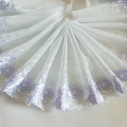 Lace Trim Purple Floral Embroidered Tulle Lace 7.4" Wide High Quality Lace Trim Purple Floral Embroidered Tulle Lace 7.4" Wide High Quality