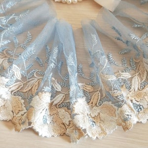2 Yards Lace Trim Floral Embroidered Pale Blue Tulle Lace Trim 6.2 Inches Wide High Quality