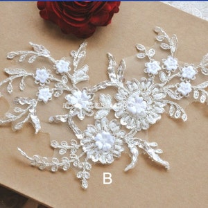 Alencon Lace Appliques Silver Embroidered Sequined Beaded Patches For Wedding Supplies Bridal Hair Flower Headpiece Version 1 pcs image 2