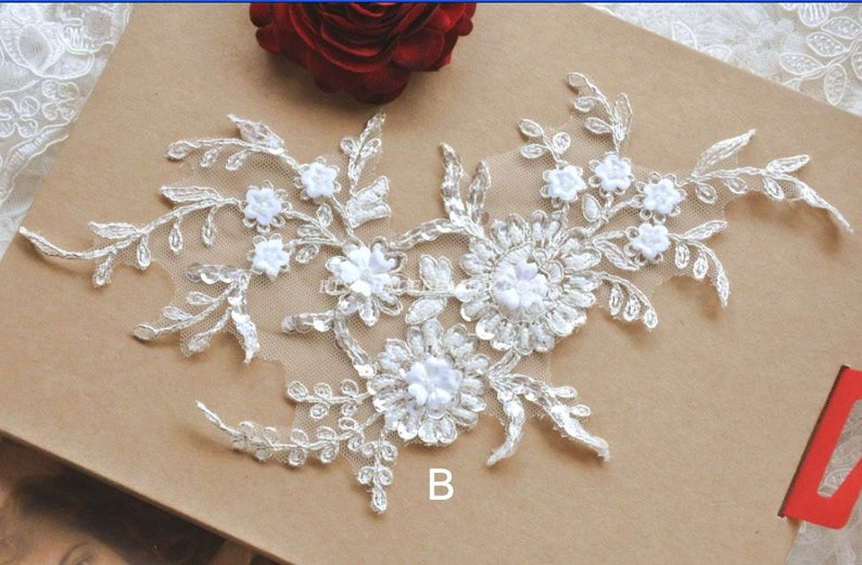 Alencon Lace Appliques Silver Embroidered Sequined Beaded Patches For Wedding Supplies Bridal Hair Flower Headpiece Version 1 pcs image 2