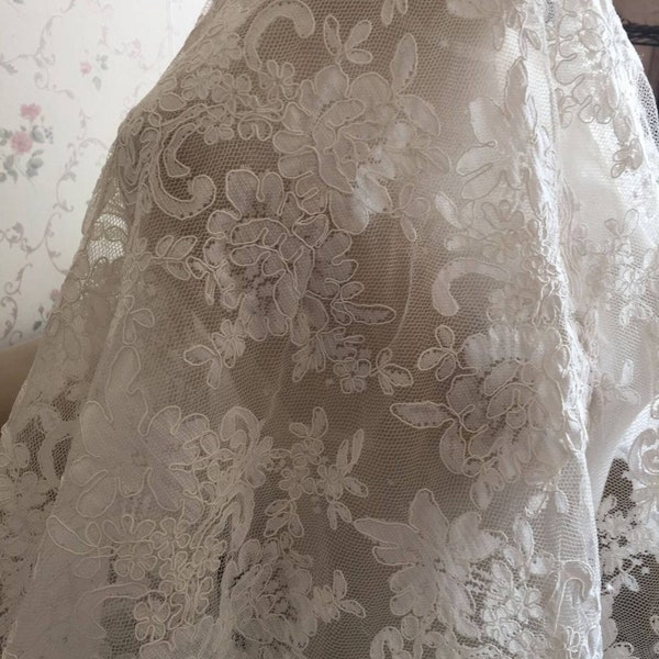 3.5 yards Fabulous Alencon Lace Fabric Luxury Ivory Wedding Lace Embroidered Retro Tulle Lace 51.9 Inches Wide