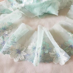 2 Yards Lace Trim Cyan Flowers Embroidered Tulle Lace 3.9 Inches Wide High Quality