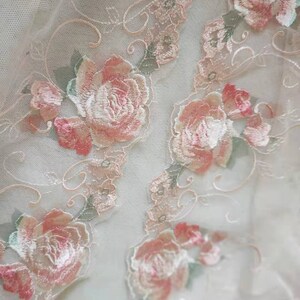 Gorgeous Tulle Lace Trim Pink Rose Flowers Floral Embroidered Scalloped ...