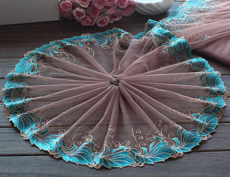 2 Yards Lace Trim Cyan Floral Embroidered Coffee Tulle Lace Trim 7 Inches Wide High Quality