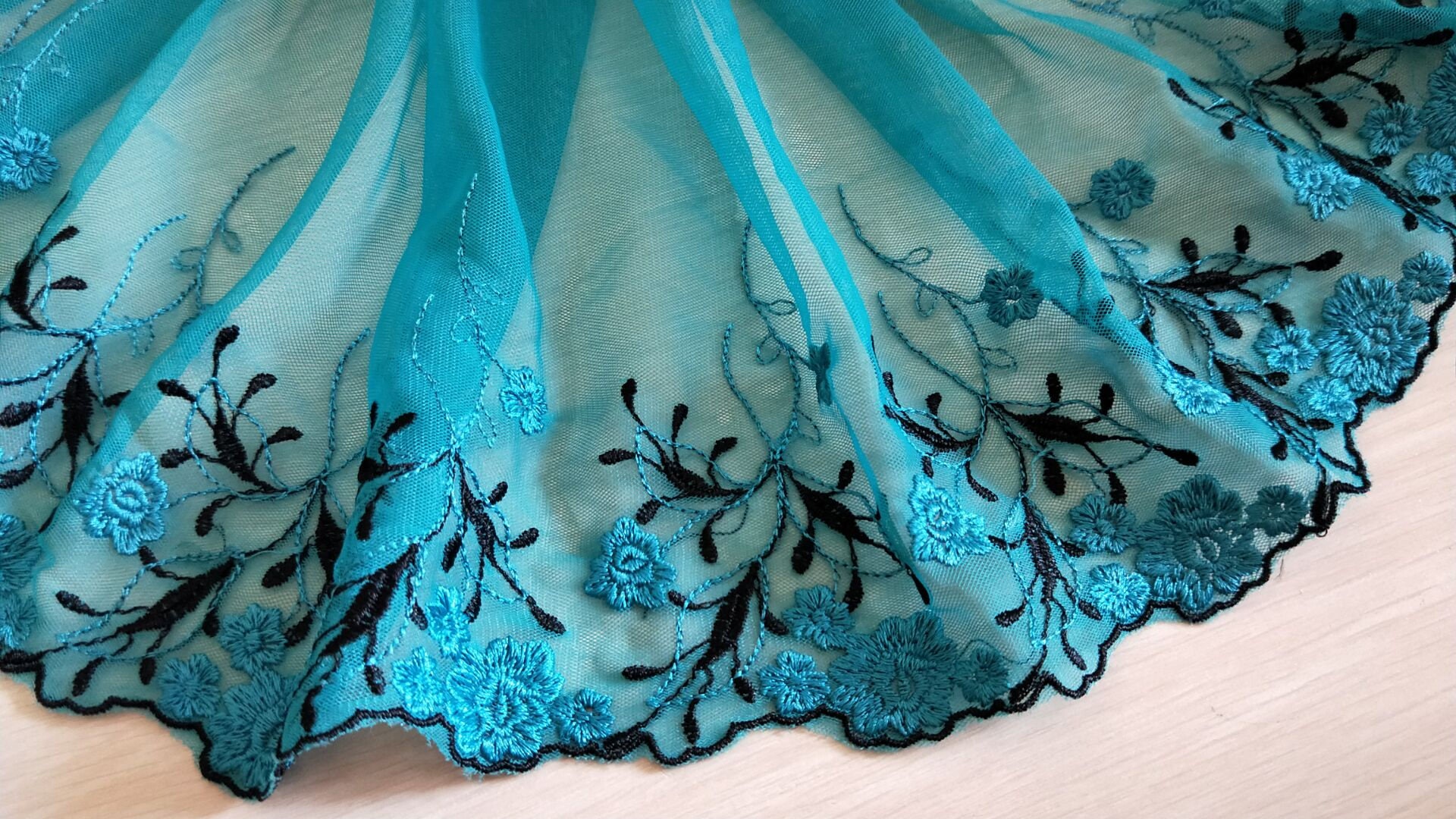 2 Yards Lace Trim Floral Embroidered Lakeblue Tulle Lace Trim | Etsy