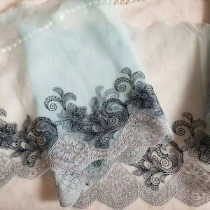 2 Yards Lace Trim Flowers Floral Embroidered Lace Sky Blue Tulle Lace 7.87 Inches Wide High Quality