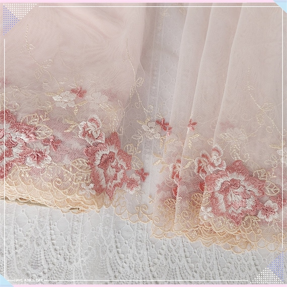 Double Edged Lovely Lace Trim Pale Pink Floral Embroidered Tulle