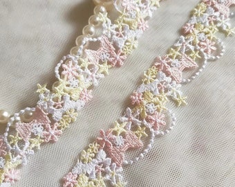2 Yards Exquisite Venice Lace Trim Scalloped Pink Yellow Stars Bows Trim