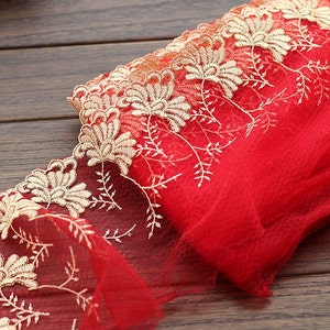 2 Yards Embroidered Lace Trim Flower Embroidered Red Tulle Lace Trim 6.69 Inches Wide