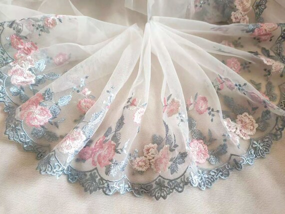 チュールレース一覧 R-7 素敵なチュールレーストリム グレー ピンク 花
