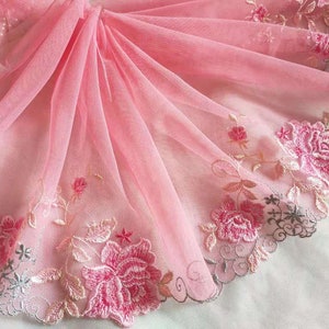 2 Yards Lace Trim Pink Roses Flowers Floral Embroidered Tulle - Etsy