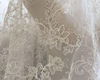 Ivory Alencon Lace Fabric With Gold ThreadFloral Wedding Lace Fabric Dress Coat Fabric 59 Inches Wide 1 Yard