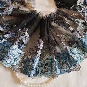 2 Yards Black Tulle Lace Trim Blue Flowers Embroidered Lace 6.69 Inches Wide