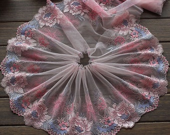 2 Yards Lace Trim Flower Embroidered Pink Tulle Lace Trim 7.87 Inches Wide High Quality