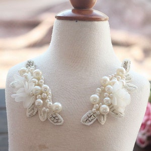 2 pcs Pearl Beaded Applique Chiffon Leaves Corsage Collar Patch For Wedding Dress Shoulder Flowers Applique