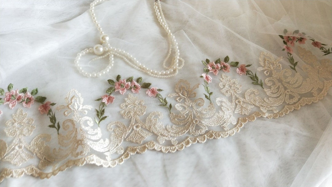 Gorgeous Gold Tulle Lace Trim Pink Flowers Embroidered Lace - Etsy