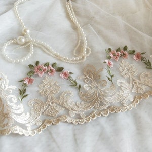 Gorgeous Gold Tulle Lace Trim Pink Flowers Embroidered Lace 7.87 Inches 2 Yards