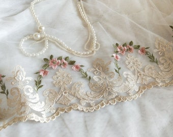 Gorgeous Gold Tulle Lace Trim Pink Flowers Embroidered Lace 7.87 Inches 2 Yards