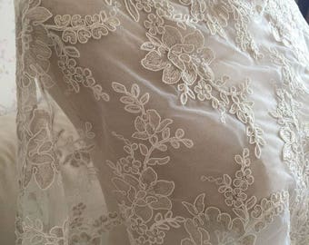 Ivory Alencon Lace Fabric Floral Wedding Lace Fabric With Light Gold Thread For Dress Coat Fabric 13 Inches Wide 1 Yard