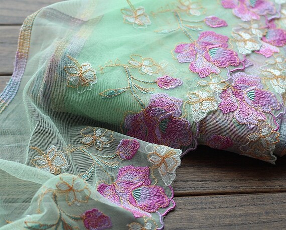 Lace Trim Purple Floral Embroidered Tulle Lace 7.4" Wide High Quality Lace Trim Purple Floral Embroidered Tulle Lace 7.4" Wide High Quality