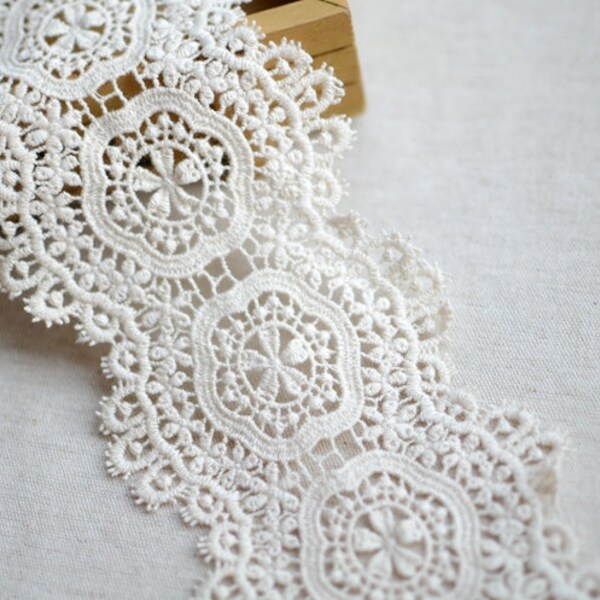 Off White Cotton Venice Lace Trim Hollowed Out Retro Antique Lace 3.34 Inches Wide 1.4 Yards