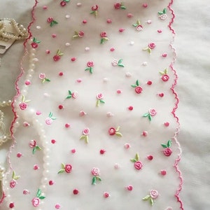 2 Yards Lace Trim Lovely Roses Floral Embroidered Pink Tulle Lace 7 Inches Wide
