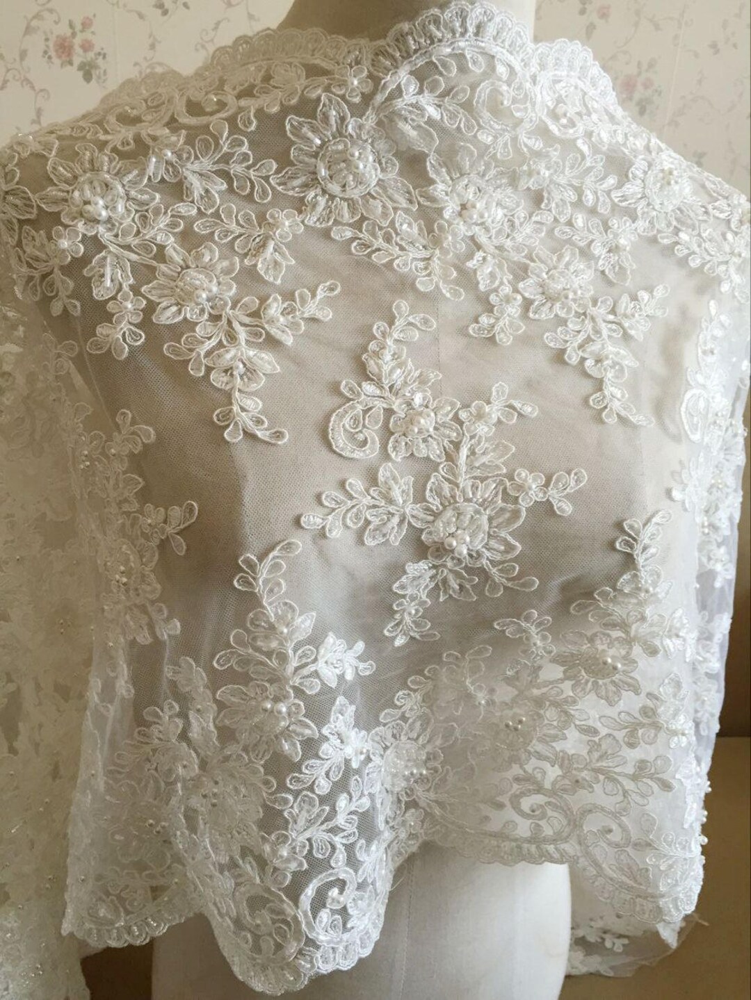 Ivory Alencon Lace Fabric Floral Pearl Beaded Sequined Wedding - Etsy
