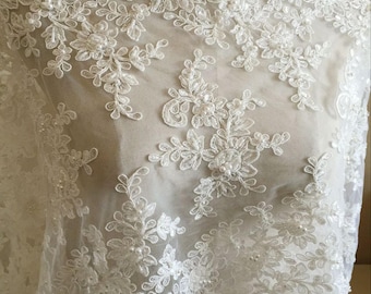 Ivory Alencon Lace Fabric Floral Pearl Beaded Sequined Wedding Lace Fabric Dress Coat Fabric 14.96 Inches Wide 1 Yard