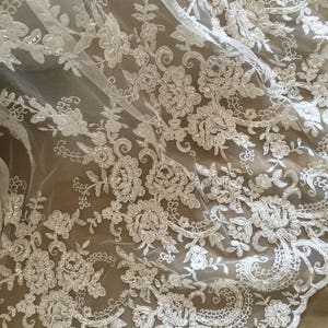 Ivory Alencon Lace Fabric Floral Pearl Beaded Sequined Wedding Lace Fabric 53 Inches Wide 1 Yard