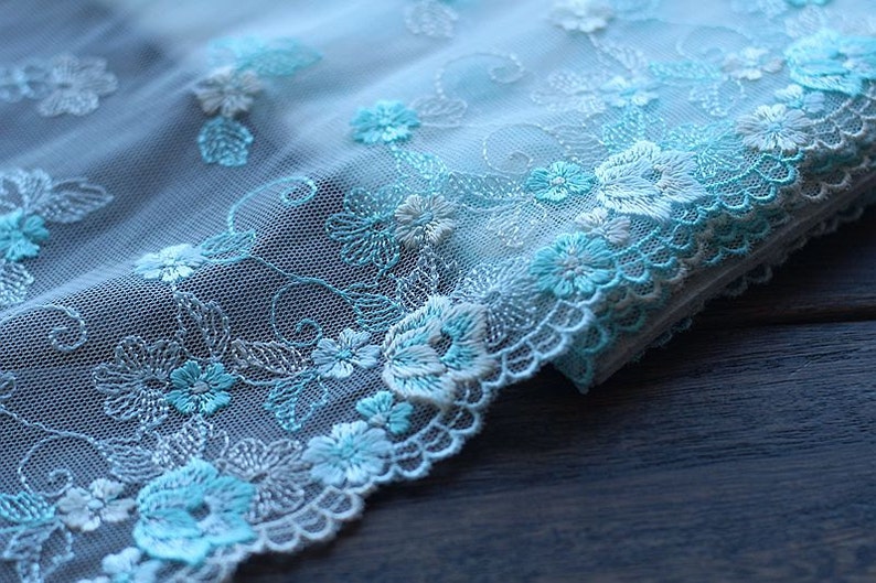 2 Yards Lace Trim Cyan Floral Embroidered Tulle Lace 7.48 | Etsy