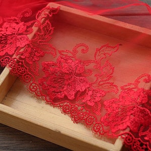 2 Yards Embroidered Lace Trim Red Tulle Lace Trim Floral Embroidered Lace 9 Inches Wide
