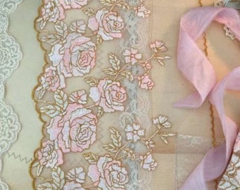 1.9 Yards Lace Trim Pale Pink Roses Embroidered Tulle Lace 7 Inches Wide High Quality