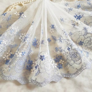 2 Yards Lace Trim Blue Flower Embroidered Tulle Lace Trim 7.87 Inches Wide High Quality