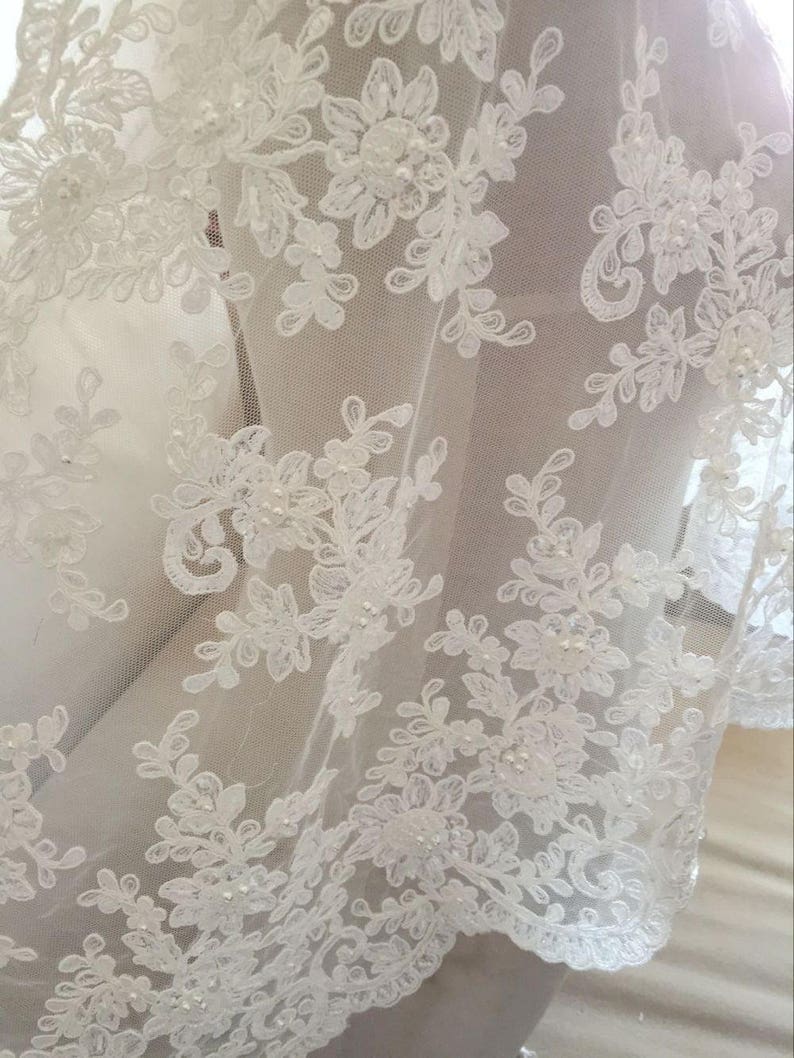 Ivory Alencon Lace Fabric Floral Pearl Beaded Sequined Wedding | Etsy