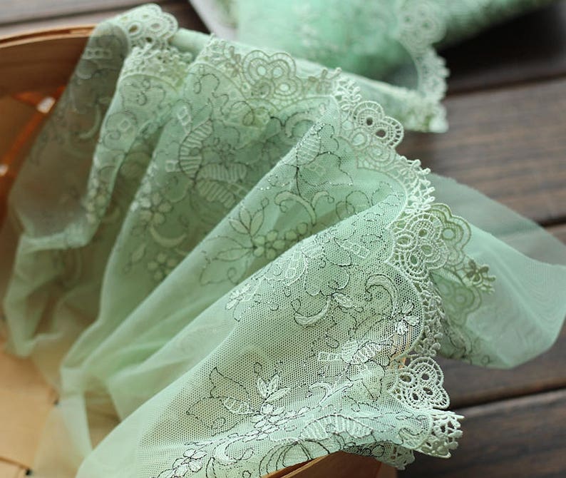 2.2 Yards Lace Trim Green Flowers Floral Embroidered Green Tulle Lace 5.9 Inches Wide