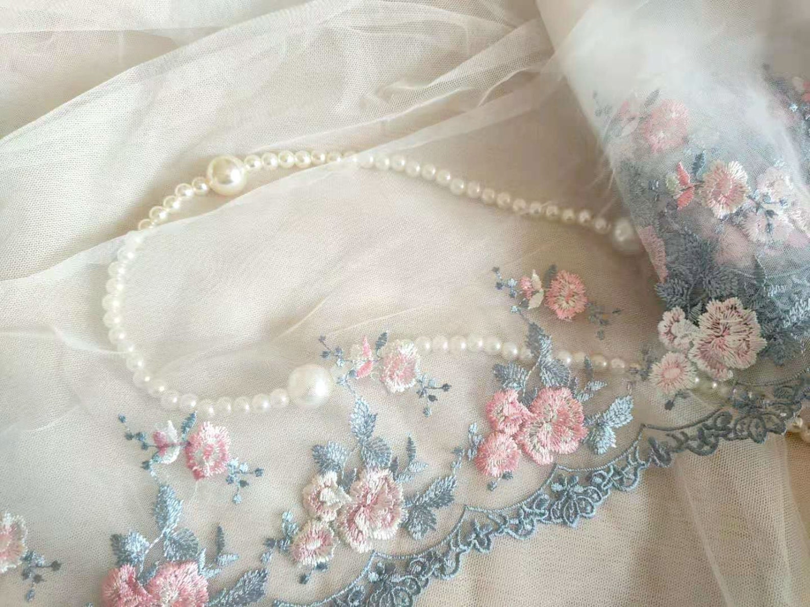 Lovely Tulle Lace Trim Grey Pink Floral Embroidered Lace Trim | Etsy