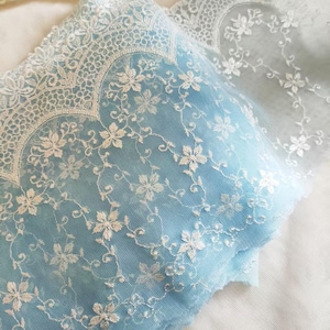 2 Yards Lace Trim Sky Blue Floral Embroidered 5.9&quot; Wide Tulle Lace High Quality