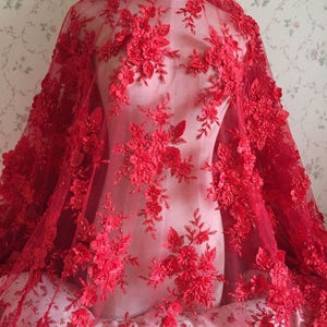 Czerwona Elegancka Koronkowa Tkanina Kwiatowa 3D Kwiaty Koraliki Koronkowa Tkanina Ślubna Na Suknię Ślubną Modna Sukienka Dobrej Jakości
